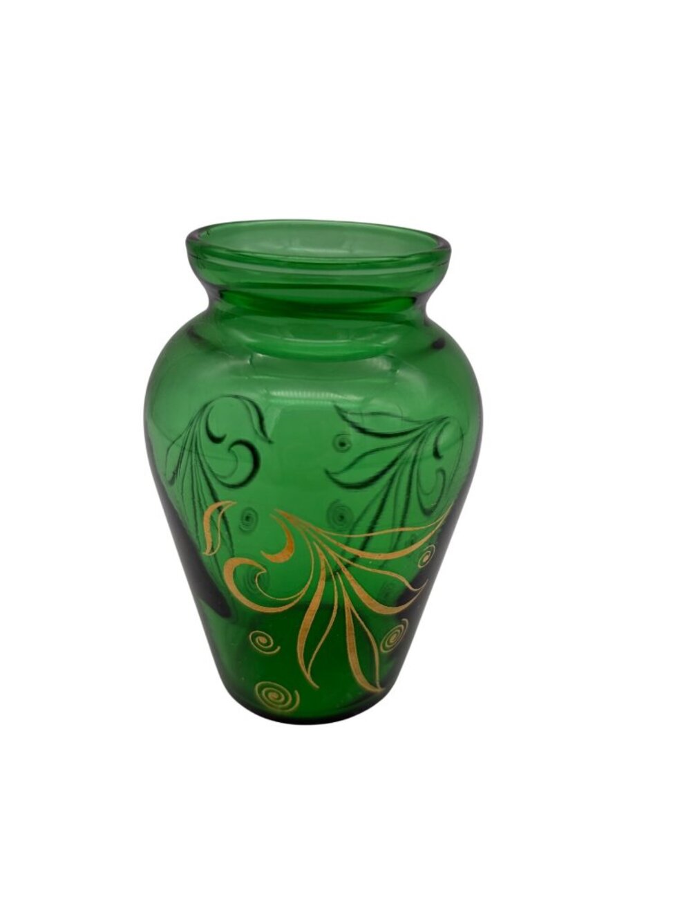 Vintage Green Art Glass Vase Gold Floral Scroll Decor 4 Inch Hand Painted MCM - Picture 2 of 5